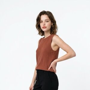 Cream Rust Knit Sleeveless Sweater Vest Size M Minimalist Layering Piece